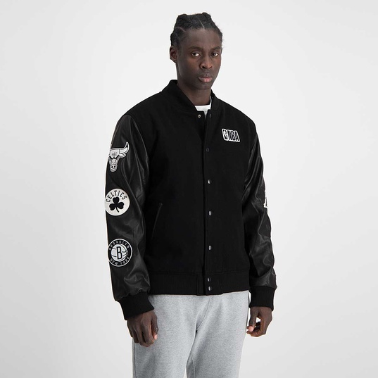 Mens NBA Multi Team Patch Varsity Jacket Black / Wool with Leather / S
