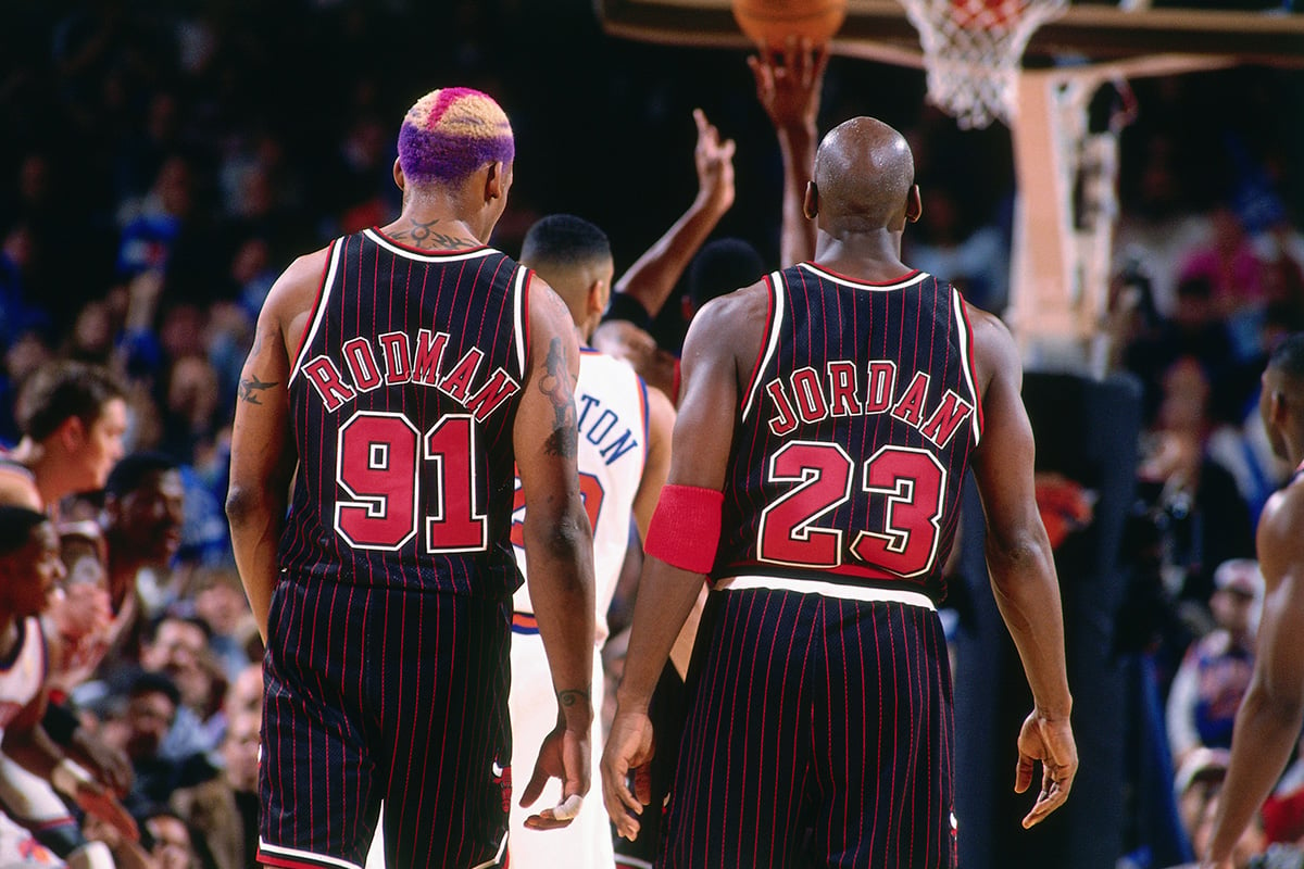Michael Jordan and Dennis Rodman in the Chicago Bulls Alternate Black Jerseys