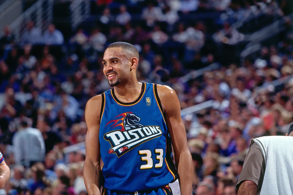 Grant Hill wearing the teal Pistons retro jersey