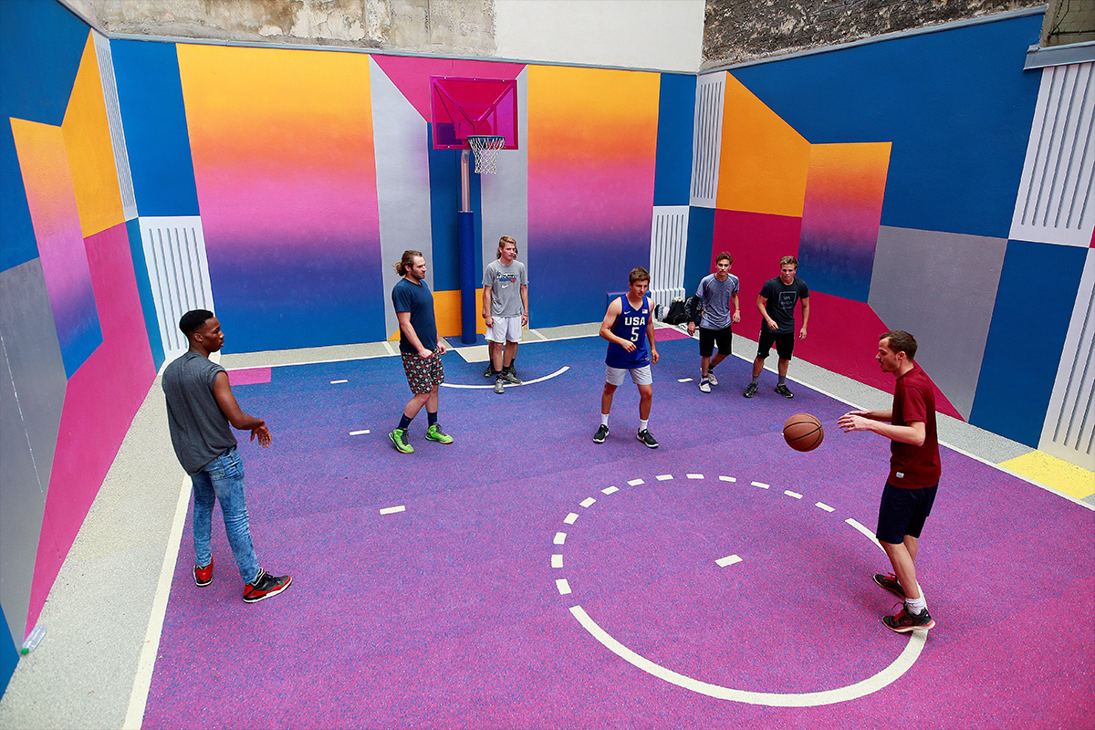 Colorful basketball court in Paris