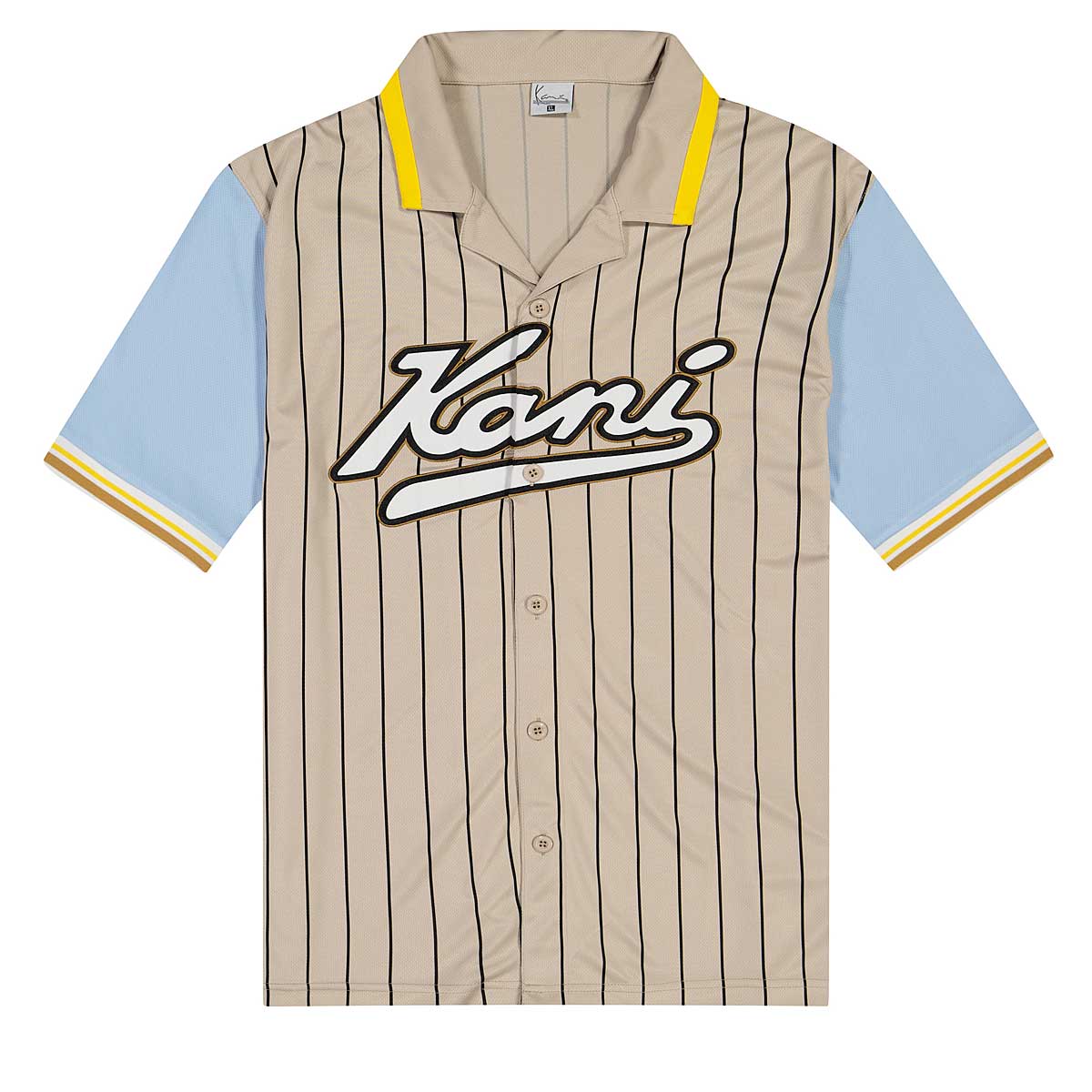 Karl Kani Varsity Pinstripe Baseball Shirt, Light Sand/Light Blue