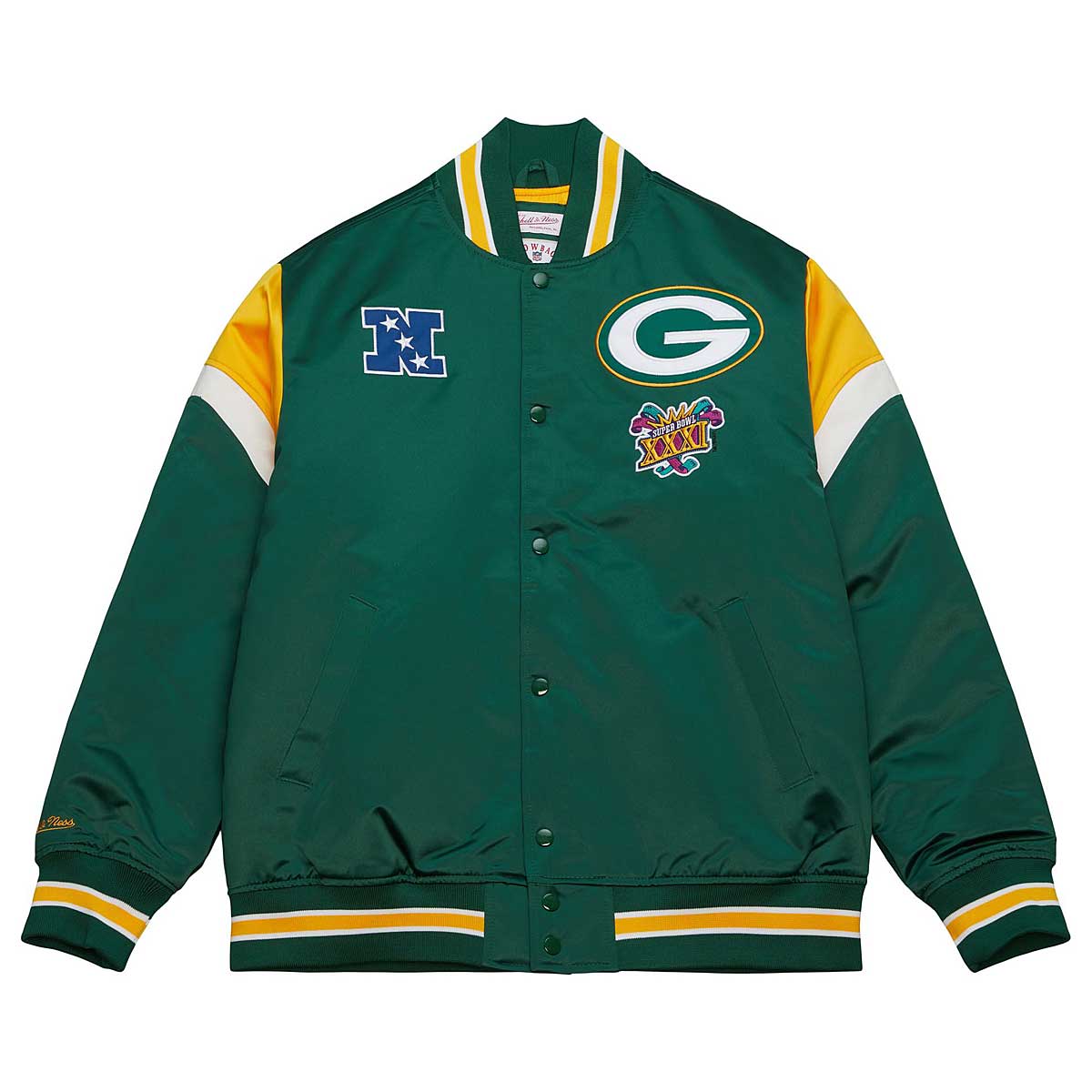 Image of Mitchell And Ness NFL Heavyweight Satin Jacket Green Bay Packers, Bucks Green