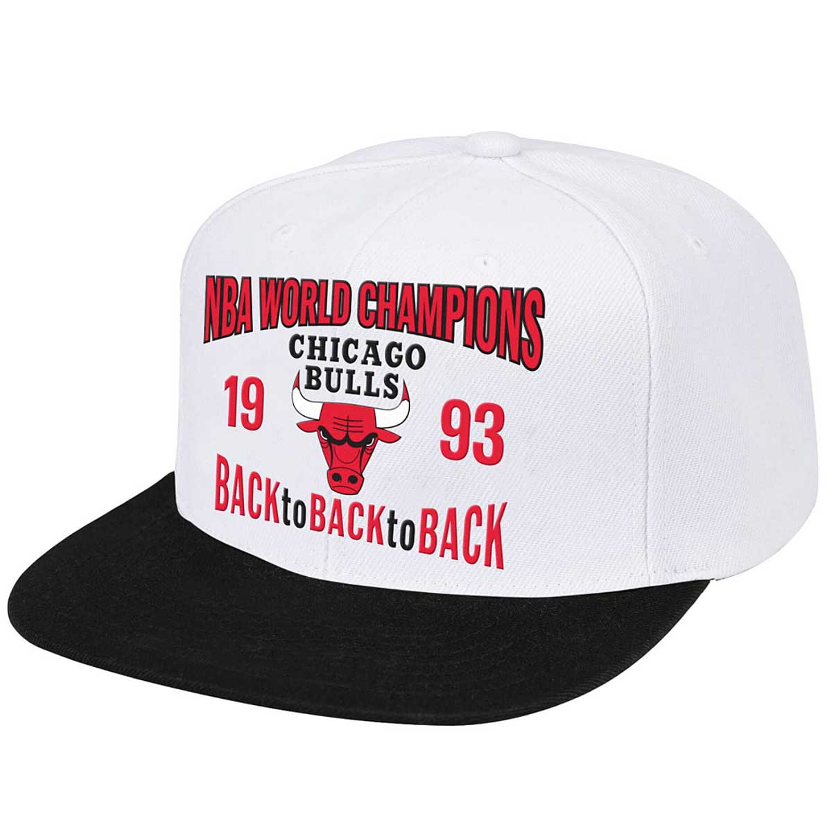 Image of Mitchell And Ness NBA Chicago Bulls Back To Back To Back 1993 Snapback Cap, White / Black