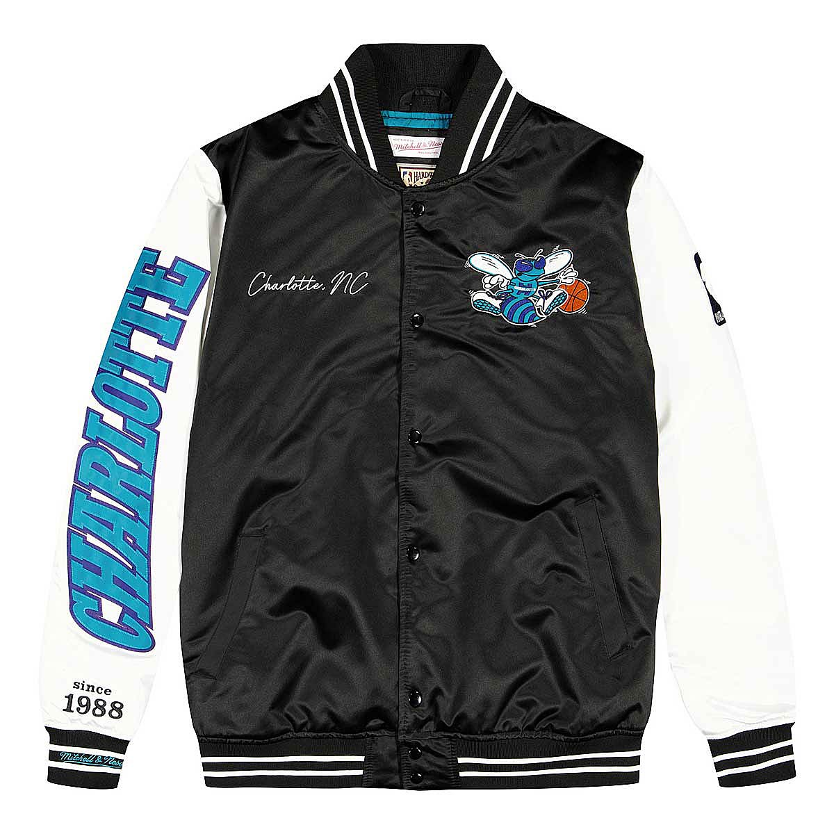 Mitchell And Ness Nba Charlotte Hornets Team Origins Varsity Satin Jacket, Black/White