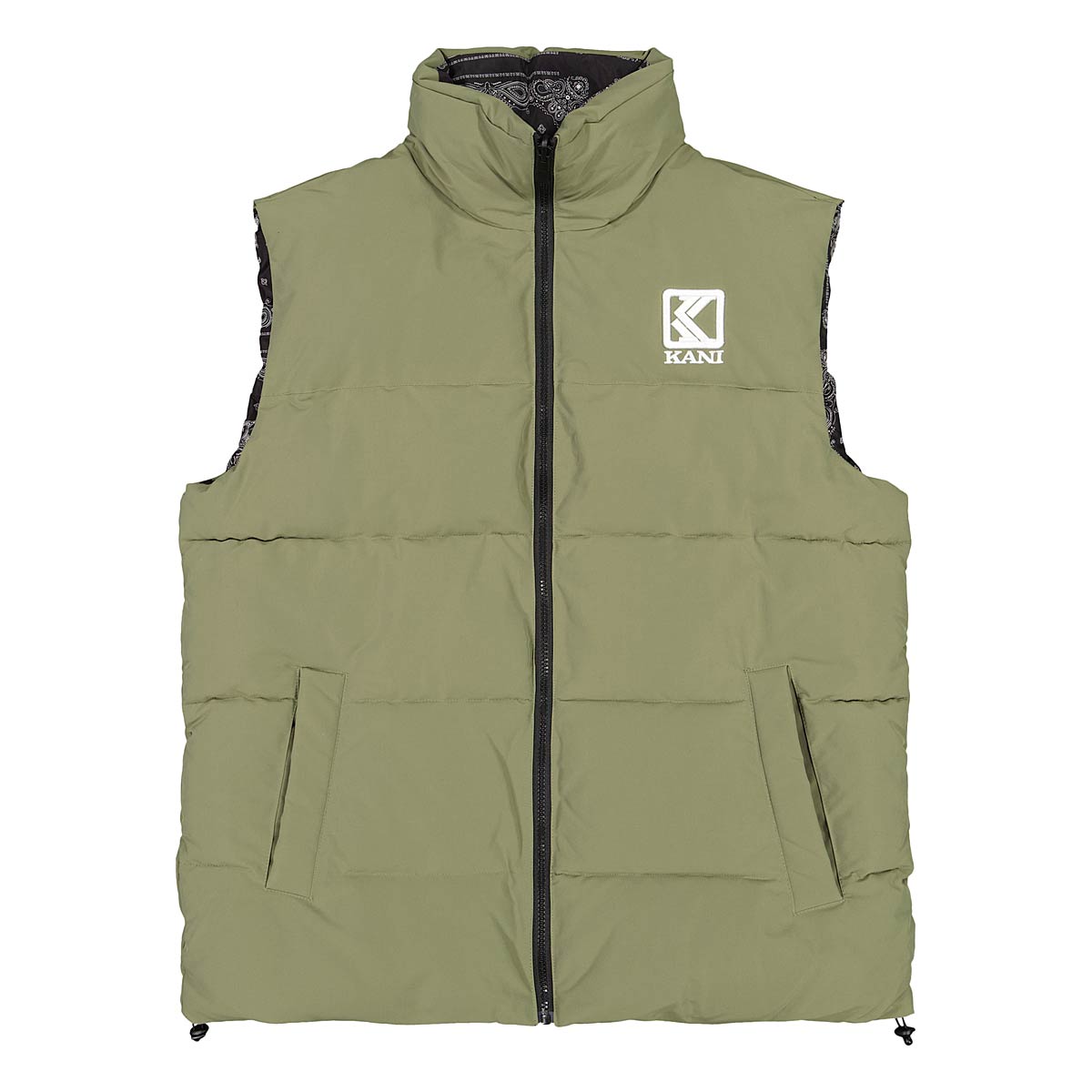 Karl Kani Og Reversible Paisley Puffer Vest, Black/Military Green