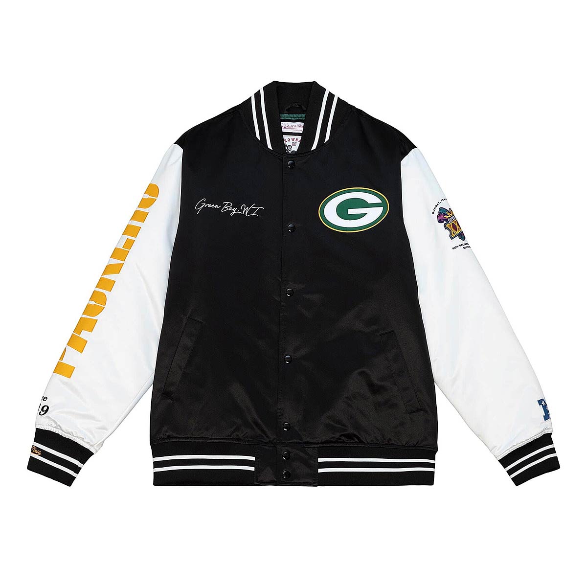 Mitchell And Ness Nfl Green Bay Packers Team Origins Varsity Satin Jacket, Black/White