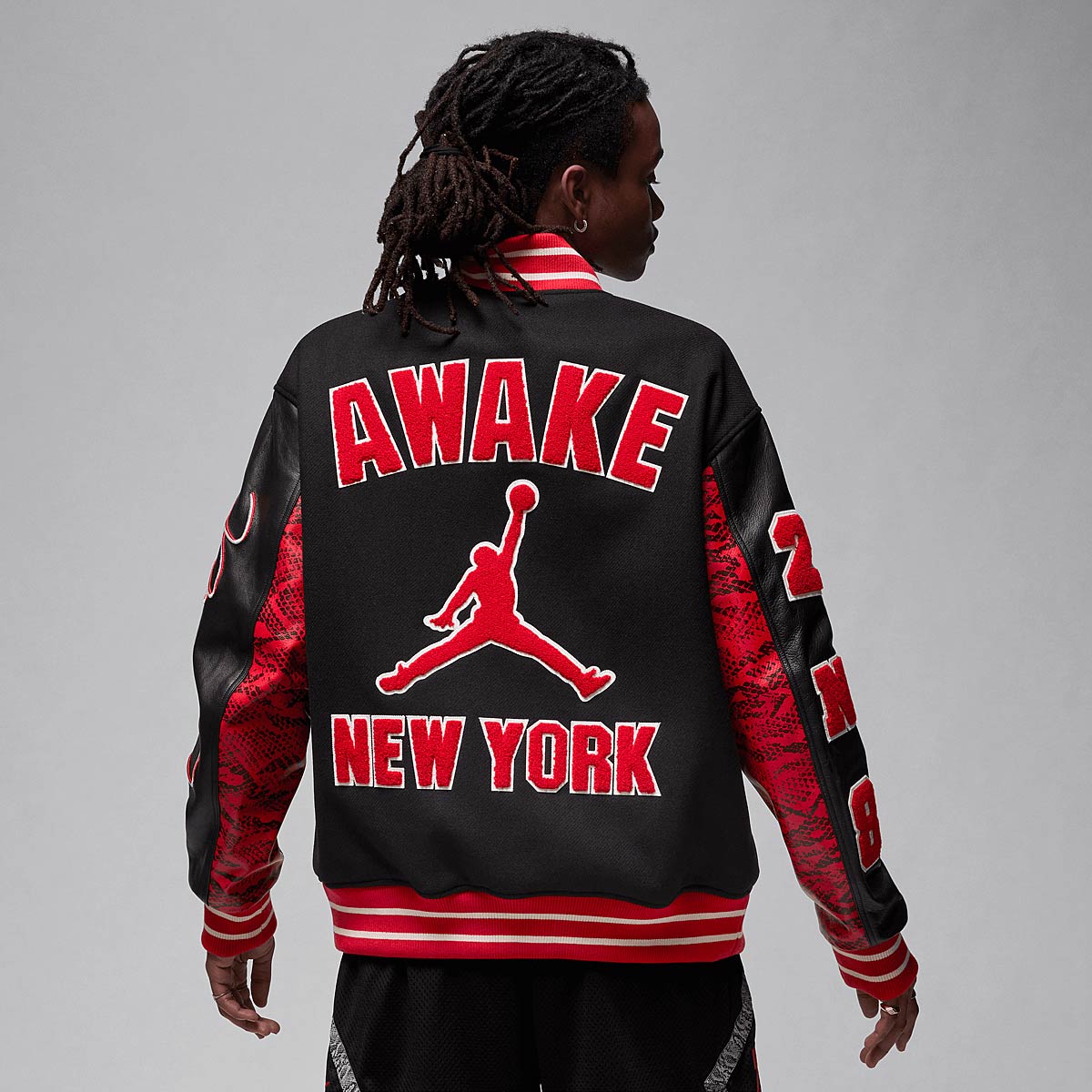 Image of Jordan Jordan X Awake Varsity Jacket, University Red/black