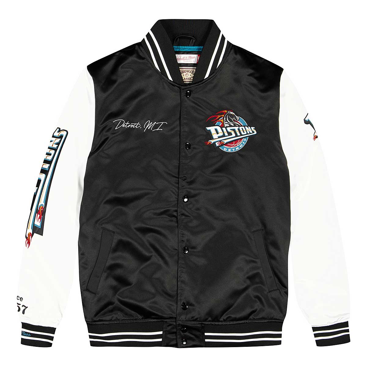 Mitchell And Ness Nba Detroit Pistons Team Origins Varsity Satin Jacket, Black/White