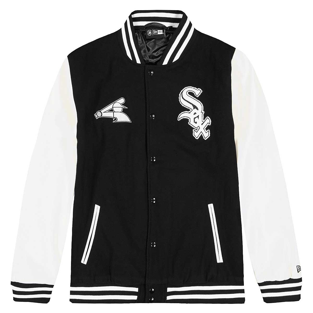 Image of New Era MLB Wordmark Varsity Jacket Chicago White Sox, Black/white Sox