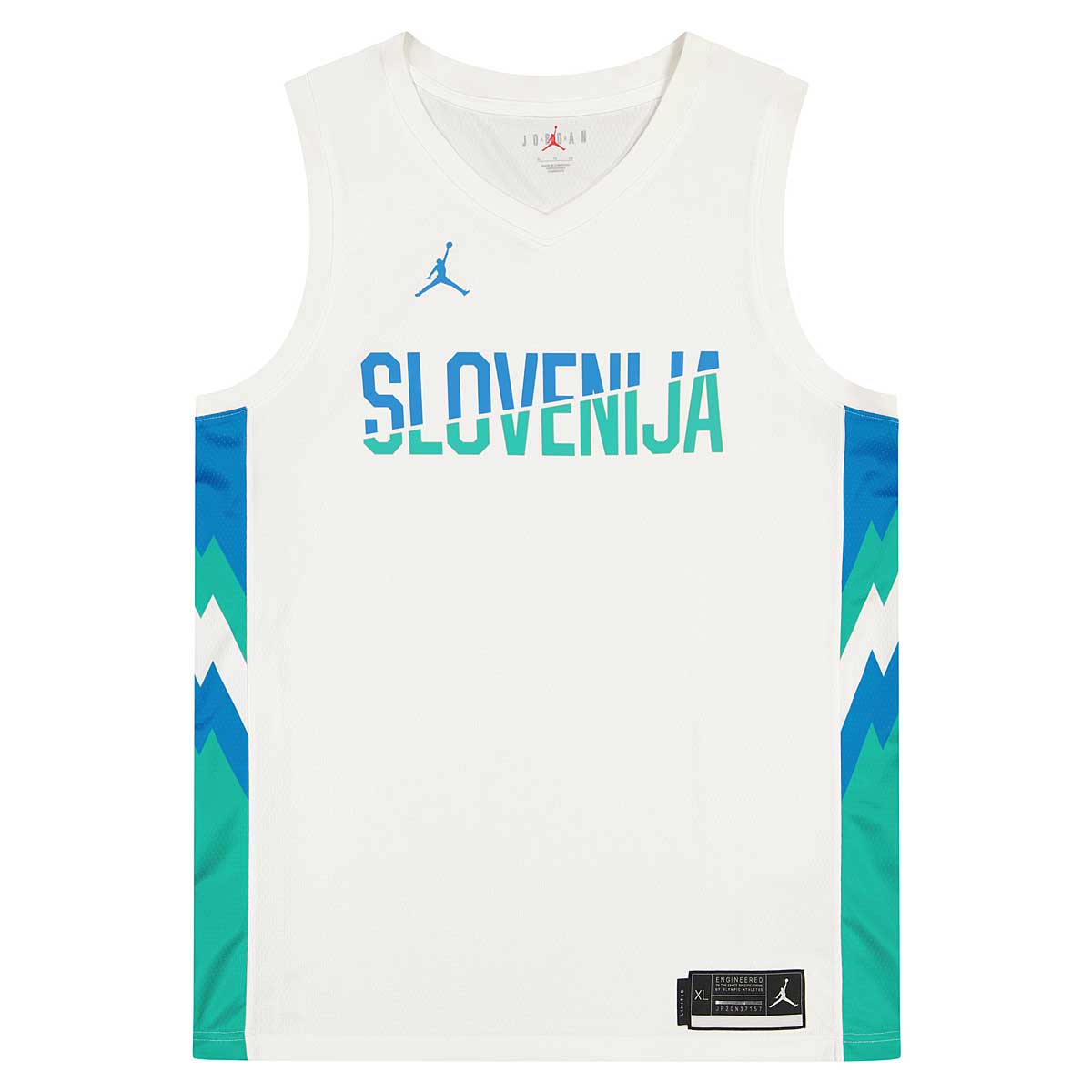 Jordan Slovenia Limited Home Jersey, White/Kinetic Green/Neptune Blue/(Neptune Blue)